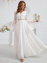 Romantic Women's Wedding Dress Lace Spliced Chiffon Long Sleeve Waist Floor Length Dress